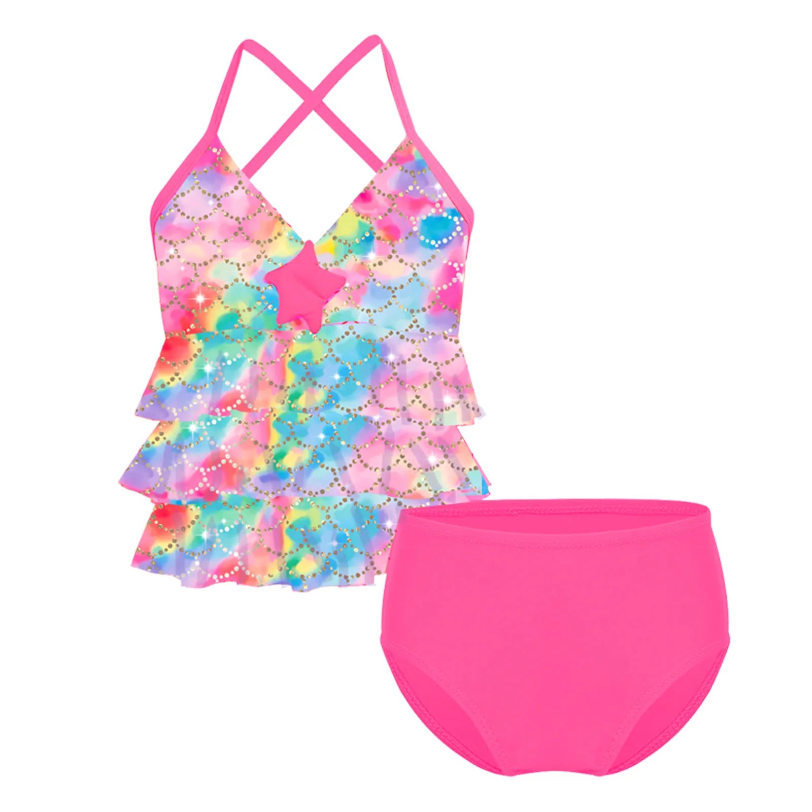 Colorful tiered swimsuit with pink bottom on a white background