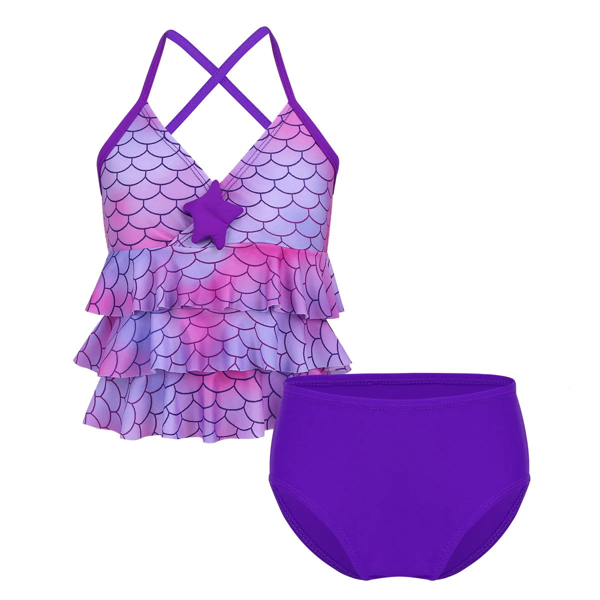 Purple and pink mermaid-themed two-piece swimsuit on a white background