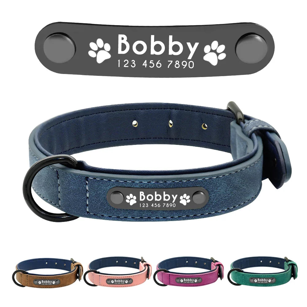Collier en cuir personnalisé pour chien - Étiquettes d'identification de nom personnalisées