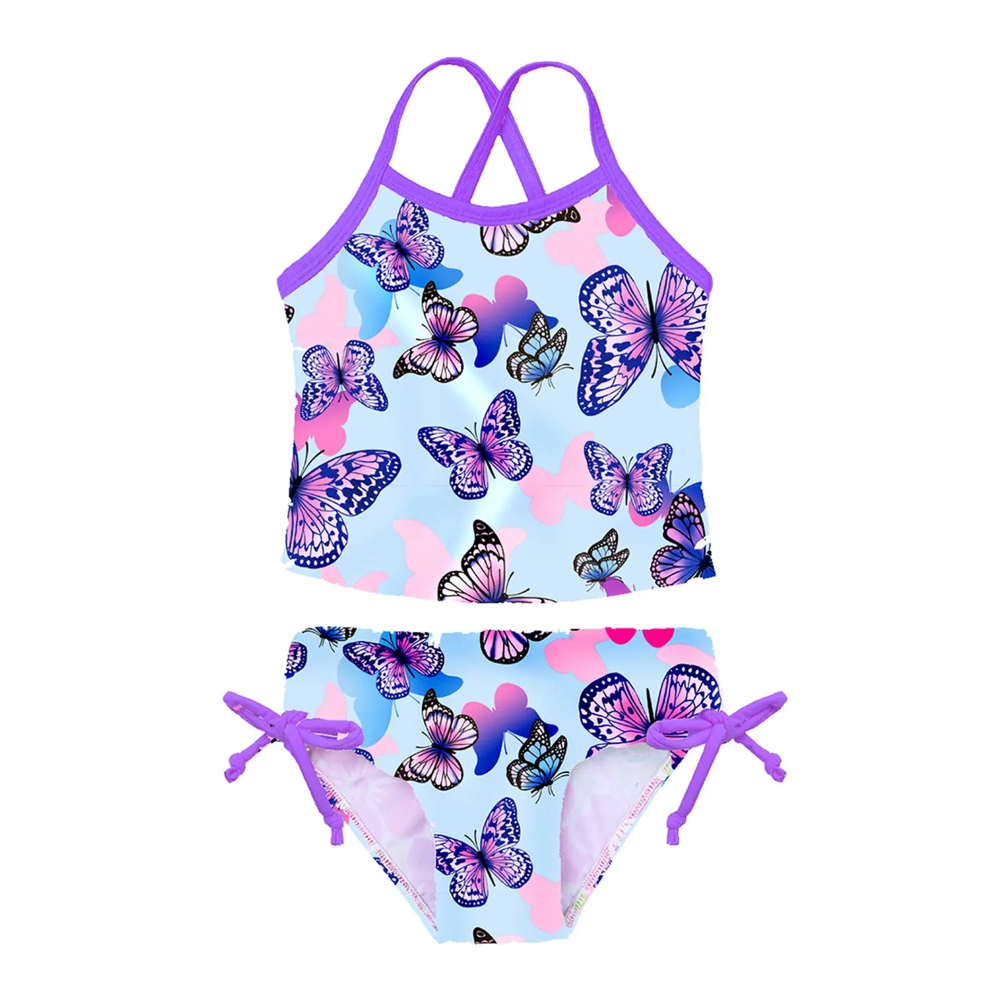 Two-piece swimsuit with butterfly pattern on a white background