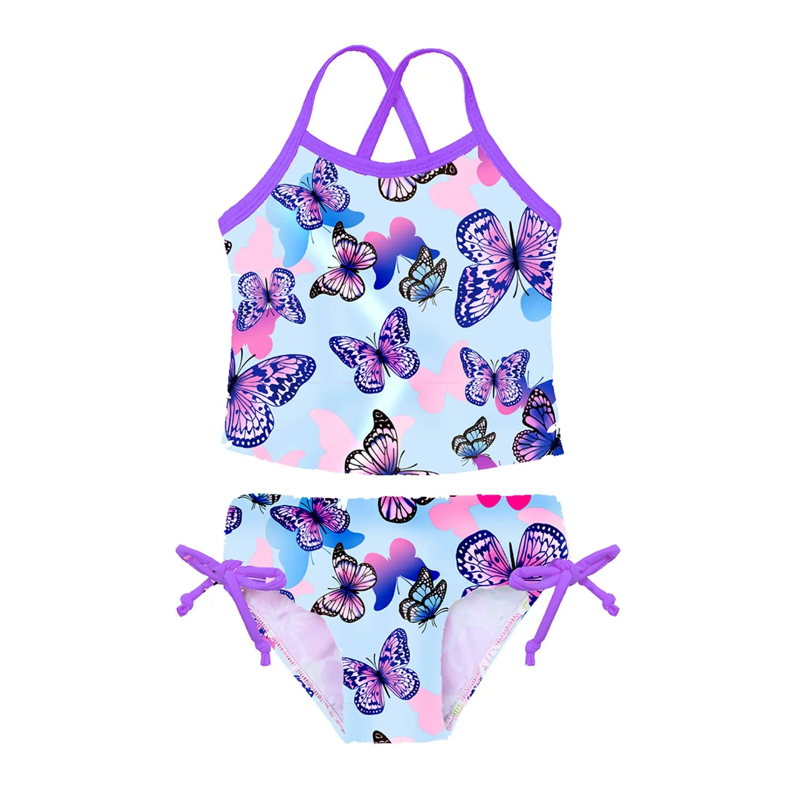 Two-piece swimsuit with butterfly pattern on a white background