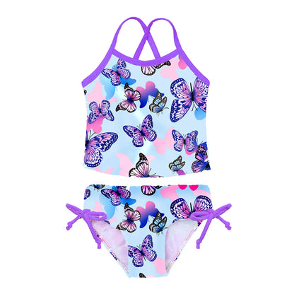 Two-piece swimsuit with butterfly pattern on a white background