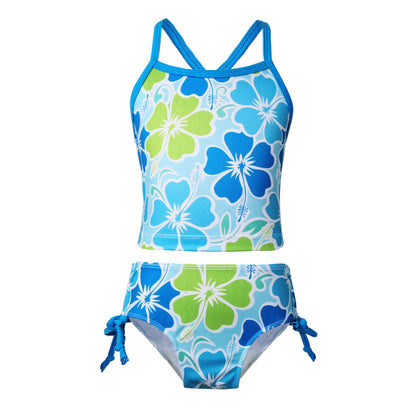 Two-piece swimsuit with blue and green floral pattern on a white background