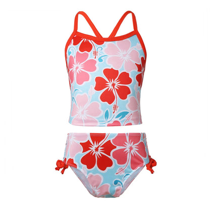 Floral two-piece swimsuit with red, pink, and blue flowers on a white background