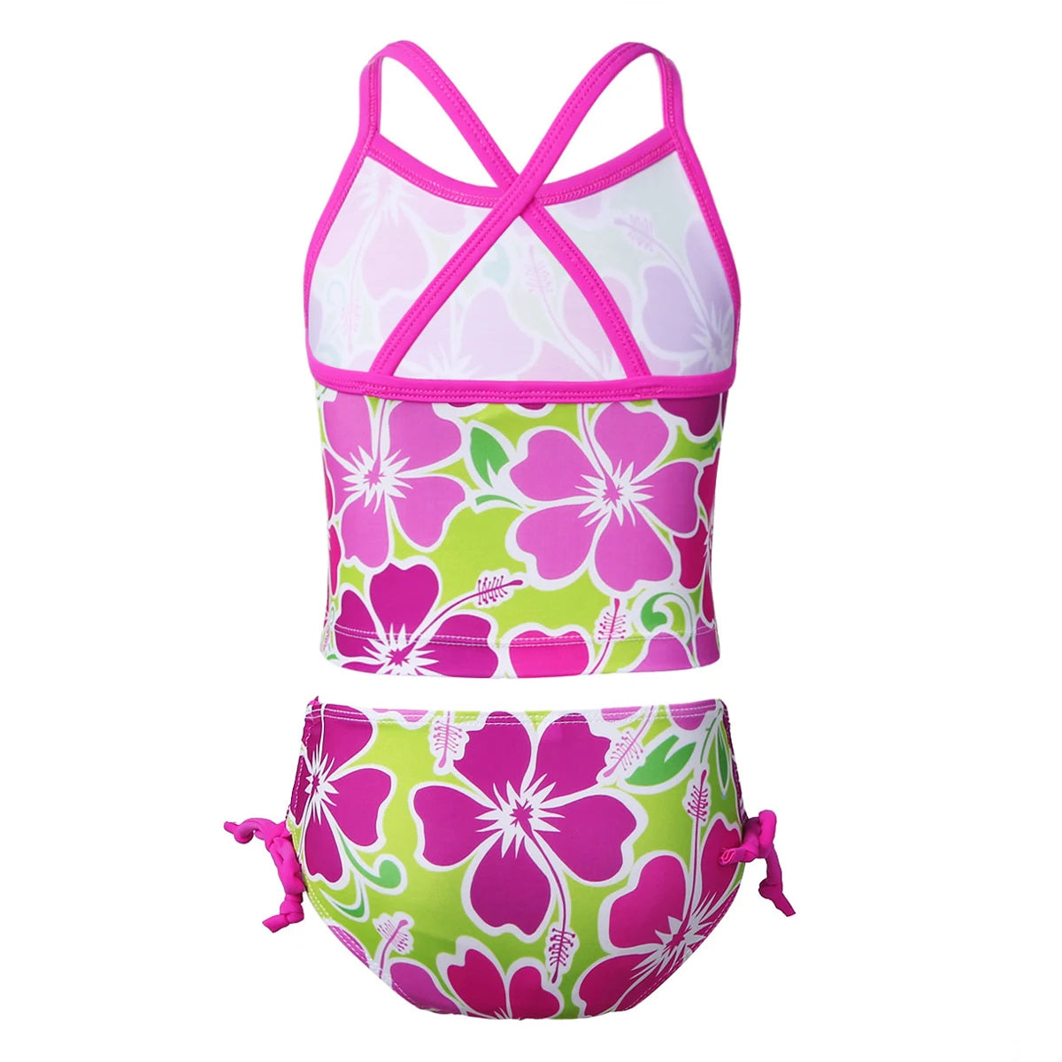 Floral two-piece swimsuit with pink and green design on a white background