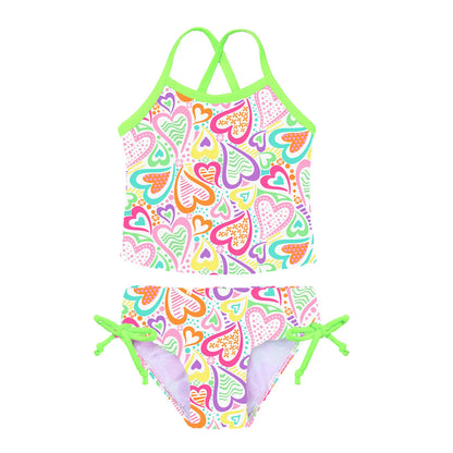 Colorful heart-patterned two-piece swimsuit with green straps on a white background
