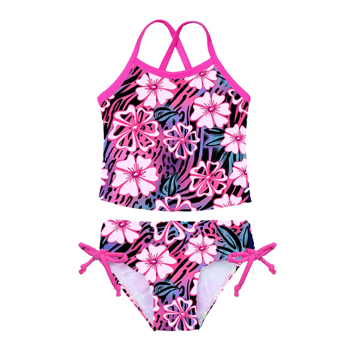 Two-piece swimsuit with pink floral and zebra pattern on a white background