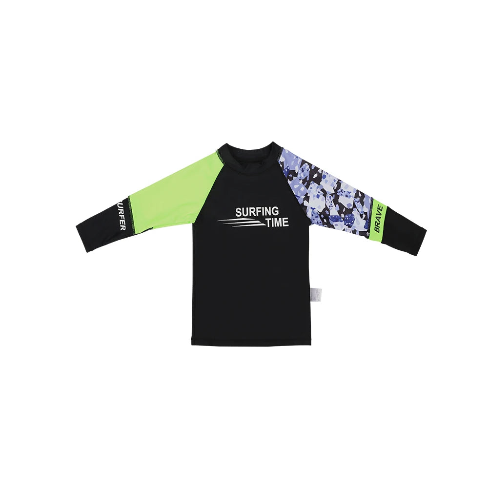Black long-sleeve shirt with colorful sleeves and 'Surfing Time' text on a white background
