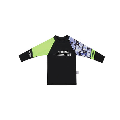 Black long-sleeve shirt with colorful sleeves and 'Surfing Time' text on a white background