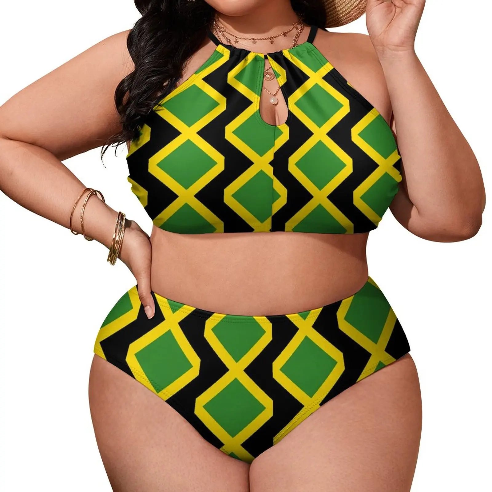 Two-piece swimsuit with green and yellow geometric pattern on a white background