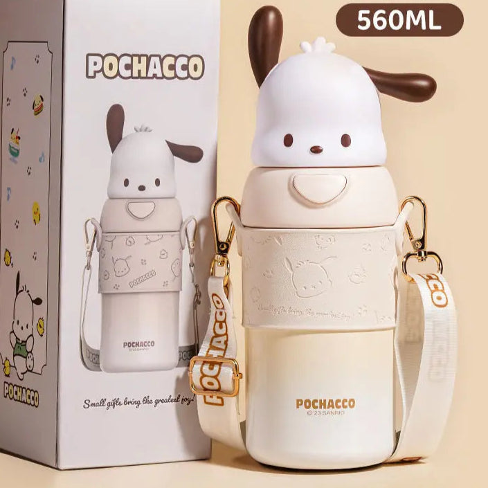 Pochacco-themed water bottle with strap and packaging on a beige background
