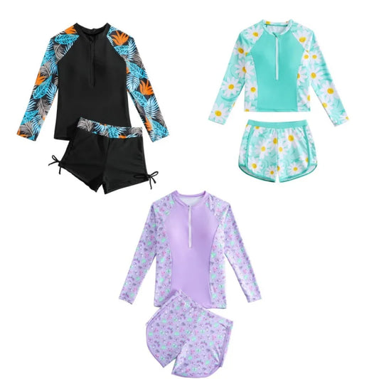 Three children's swimsuit sets with different patterns on a white background