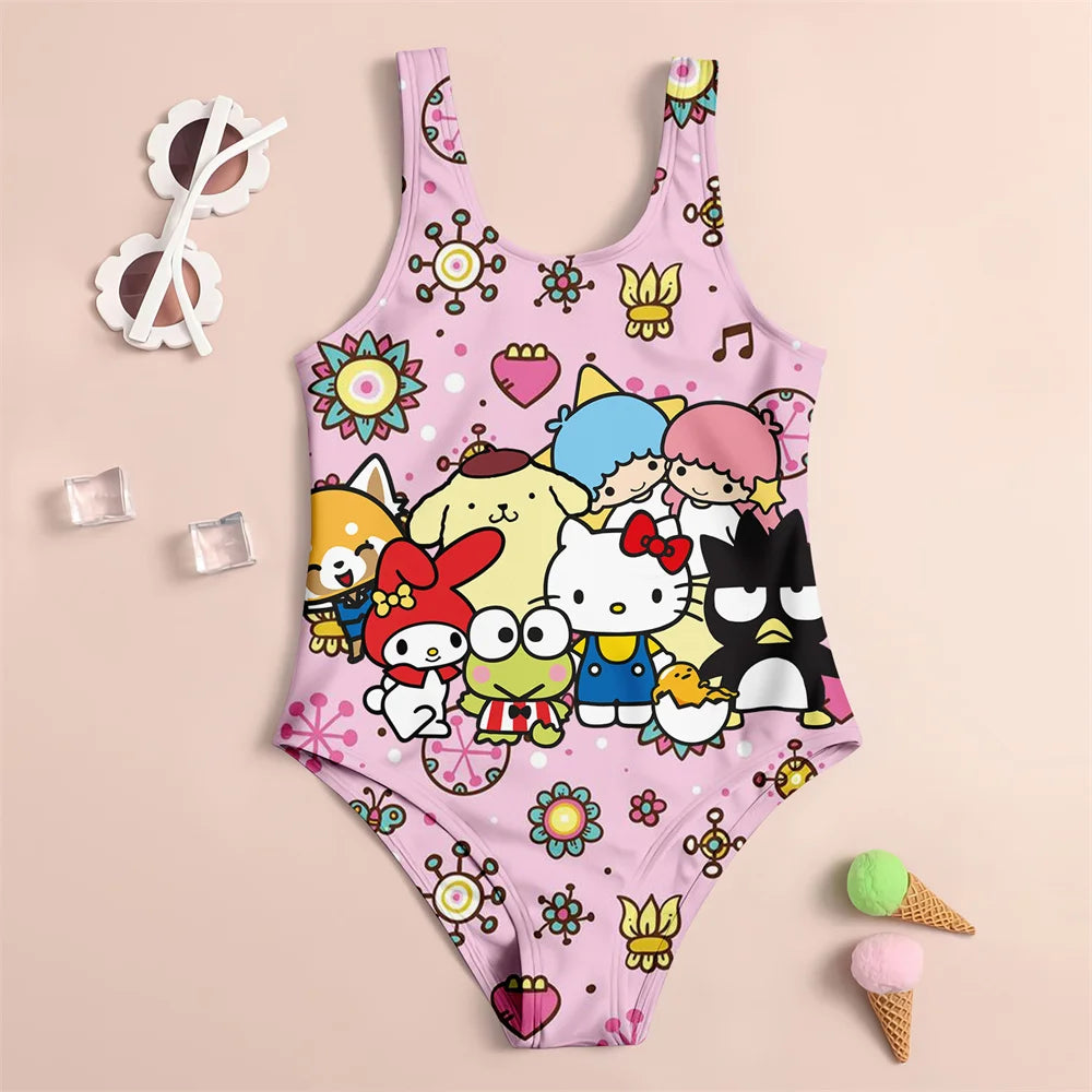 Pink children's swimsuit with cartoon characters on a beige background