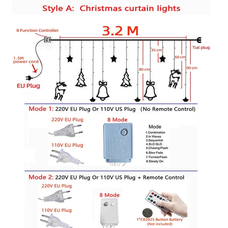 Rideau lumineux de Noël à LED 32 m 8 modes