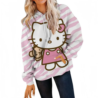 Person wearing a pink and white striped hoodie with a cartoon character design on a white background