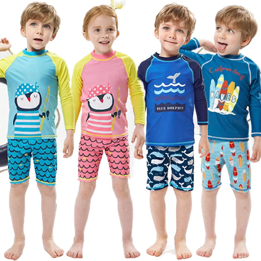 Four children wearing colorful swimwear with various designs on a white background
