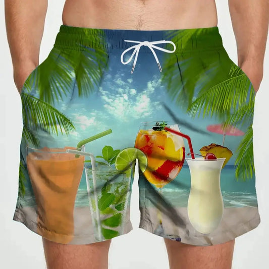 Tropical-themed swim shorts with drinks and palm trees on a beach.