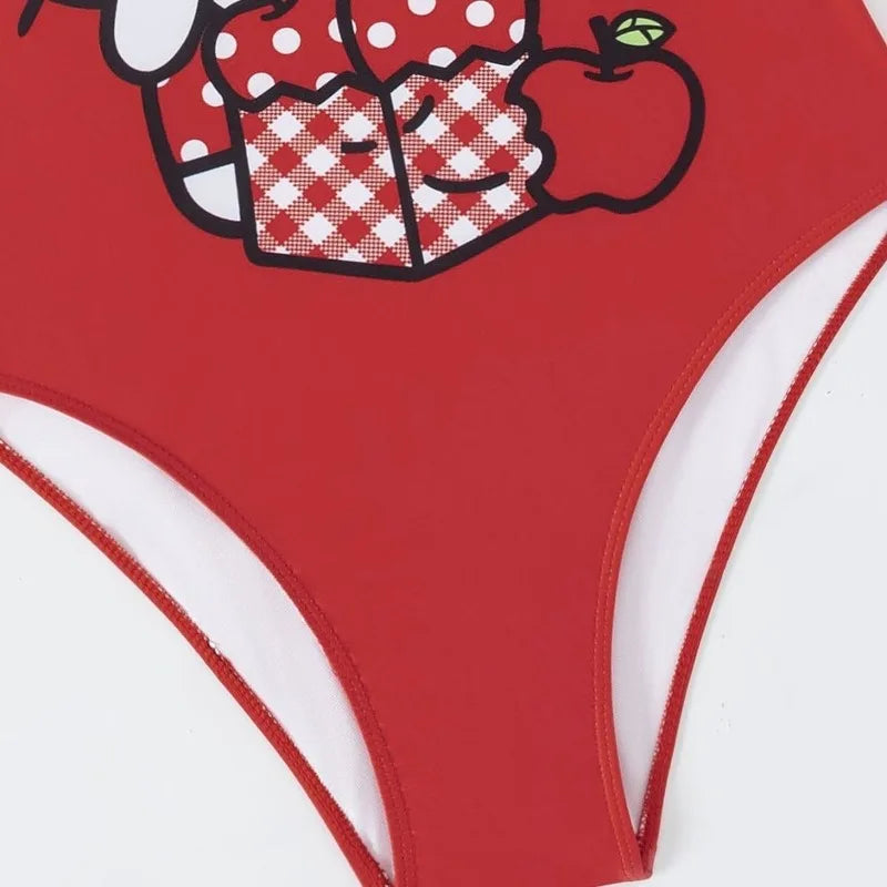 Red swimsuit with cartoon character design on a white background