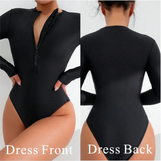 Black bodysuit shown from front and back on a plain background