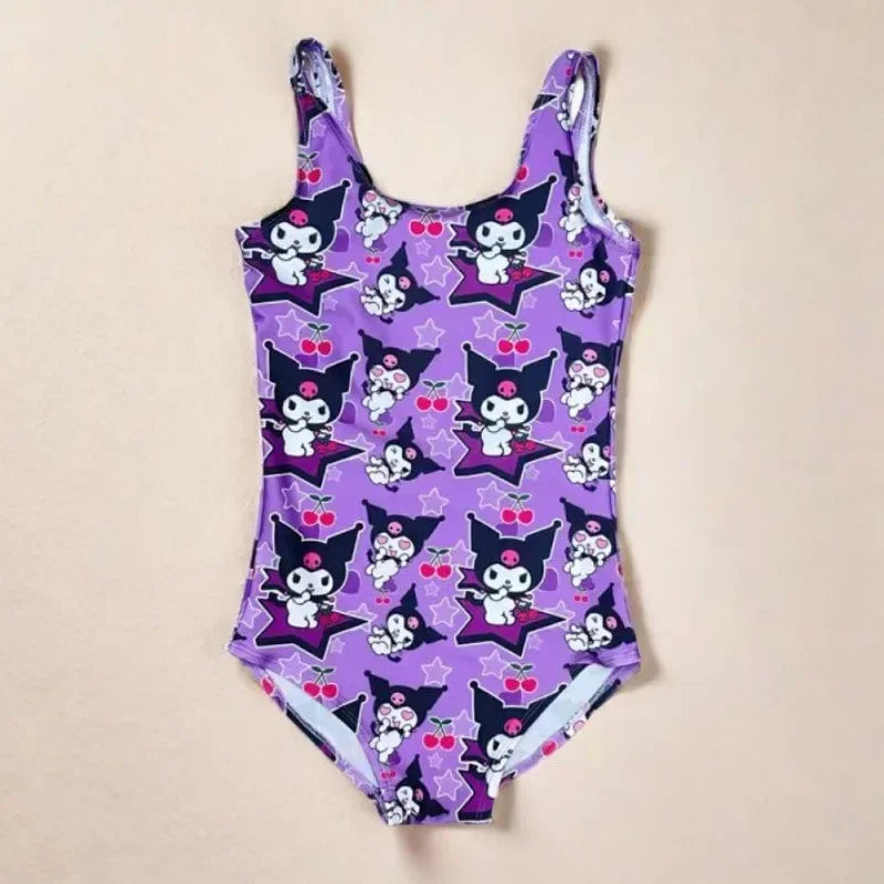 Purple swimsuit with cartoon character pattern on a beige background