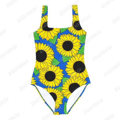 One-piece swimsuit with sunflower pattern on a white background