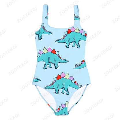 One-piece swimsuit with dinosaur pattern on a light blue background