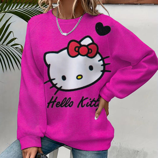 Person wearing a bright pink 'Hello Kitty' sweatshirt with a white background