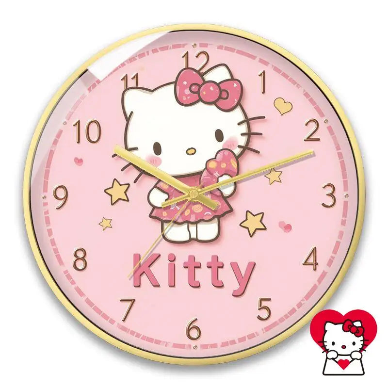 Hello Kitty-themed wall clock with pink background and yellow accents