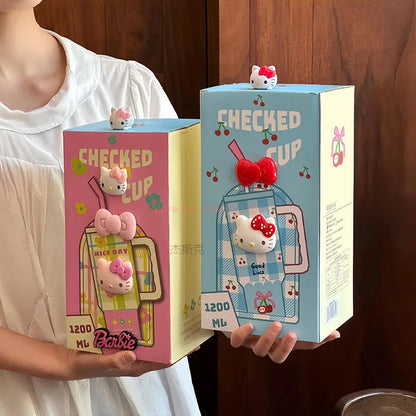 Two boxes of 'Checked Cup' with cartoon character on a wooden background
