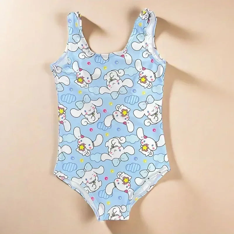 One-piece swimsuit with cartoon dog pattern on a beige background