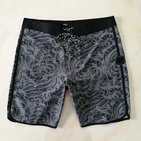 Gray patterned shorts with black waistband on a light background