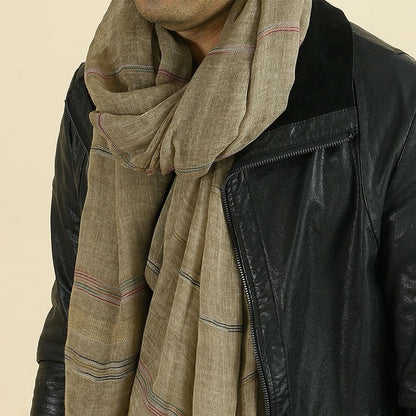 Chic Striped Cotton Linen Scarf wrapped elegantly on a model, showcasing its versatility and comfort. Perfect for layering in any season, this scarf enhances both casual and formal outfits. Winter Hats And Scarves.