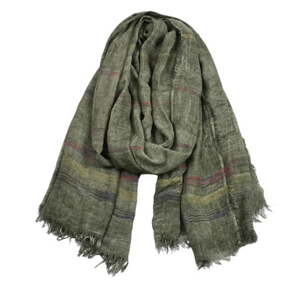 Chic Striped Cotton Linen Scarf in a rich green shade, shown in an elegant wrap to reflect its versatility and comfort. Ideal for adding flair in any season, a must-have accessory for your wardrobe. Winter Hats And Scarves.