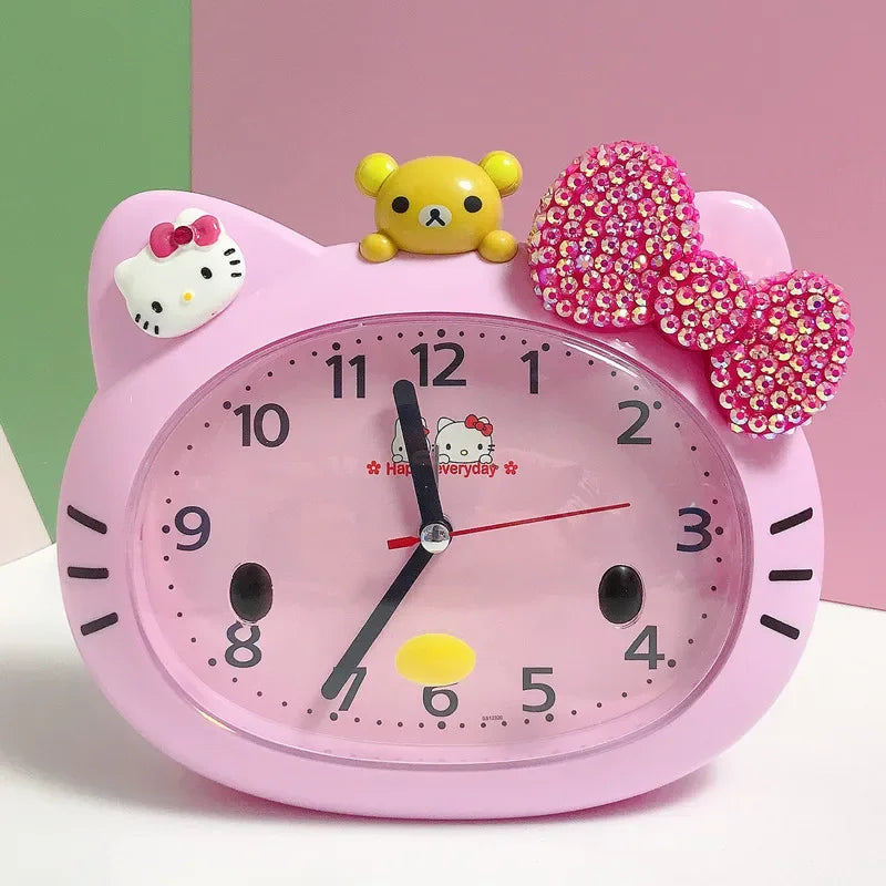 Pink cartoon clock with a bow and small bear figurine on a colorful background