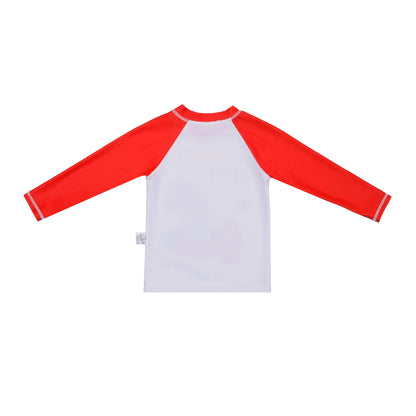 Red and white long-sleeve shirt on a white background