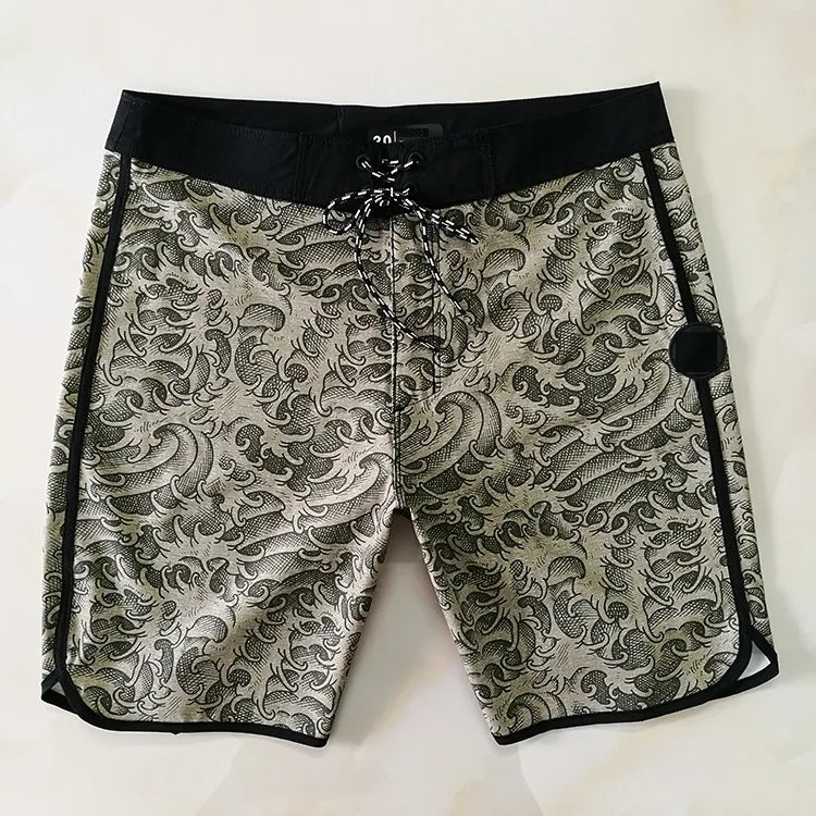 Patterned shorts with black waistband on a white background