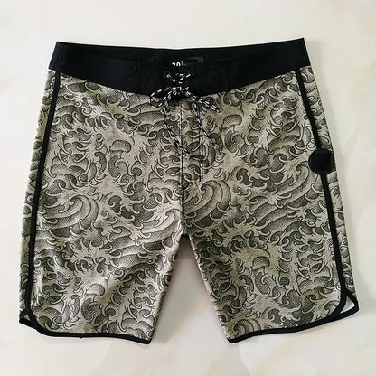 Patterned shorts with black waistband on a white background