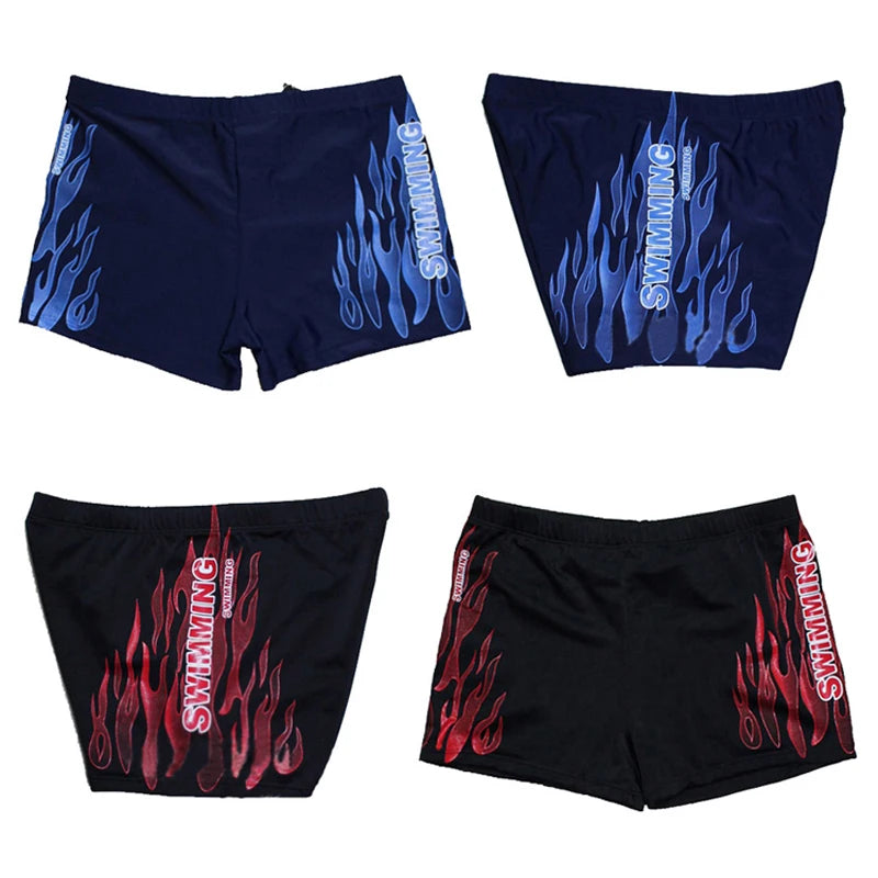 Four pairs of swim shorts with flame designs and 'Swimming' text on a white background.