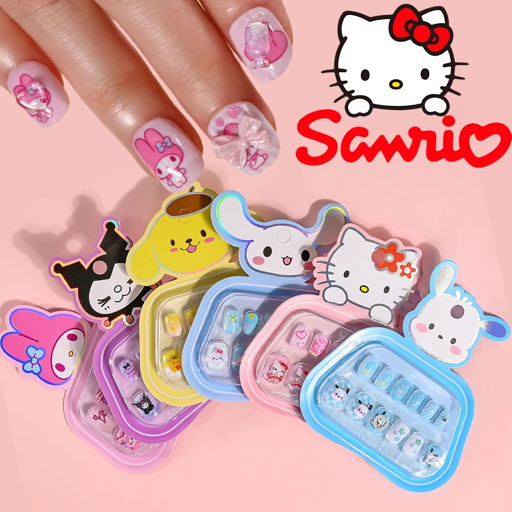 Set of cartoon character nail art designs with a pink background and Sanrio logo.