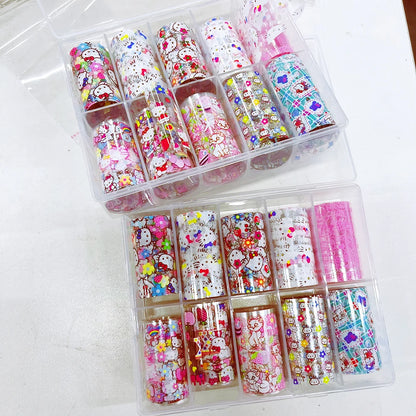Set of colorful nail art decorations in a clear plastic organizer on a white background