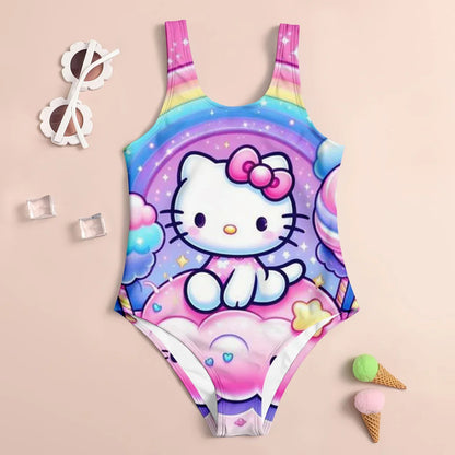 Colorful swimsuit with Hello Kitty design on a beige background