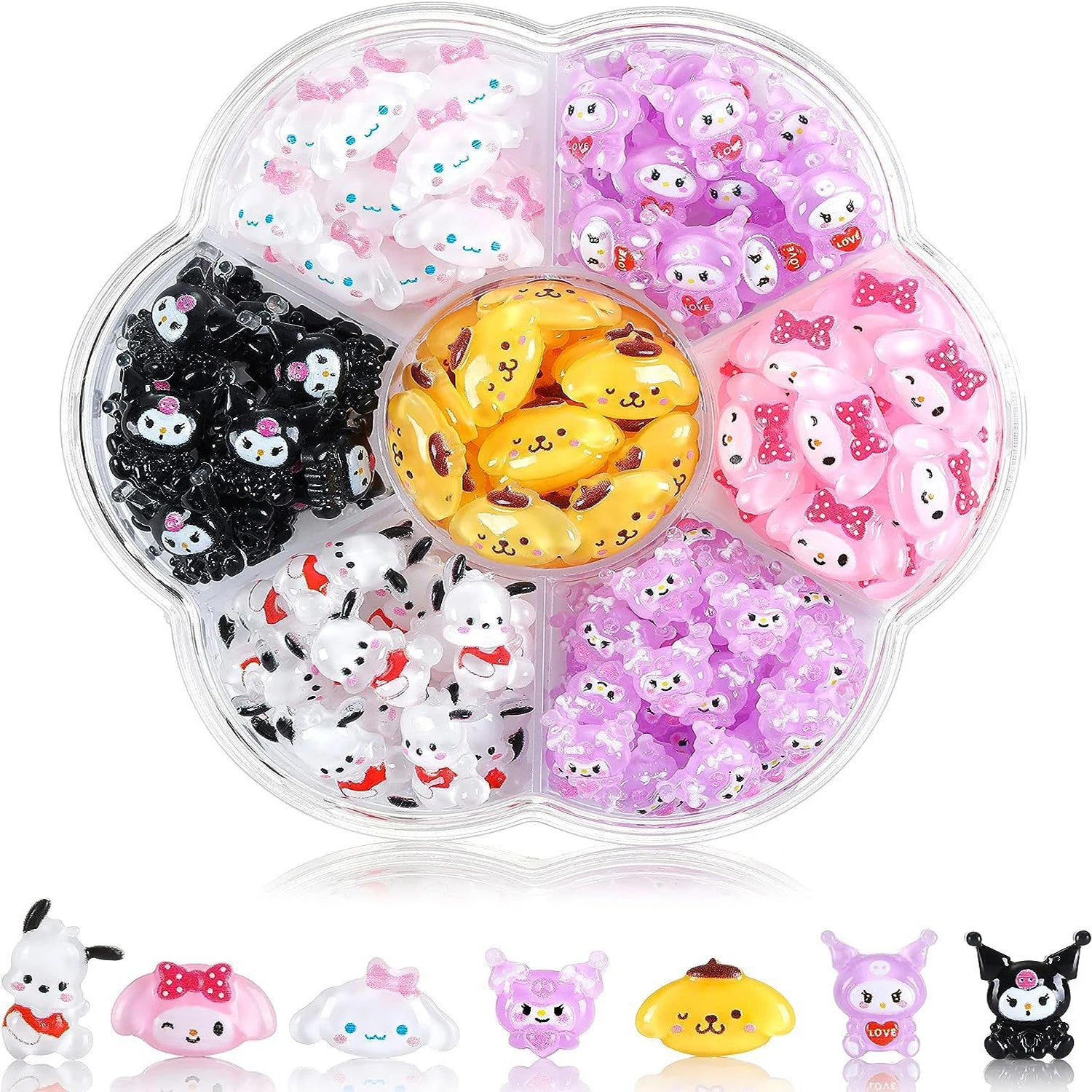 Set of small, cute figurines in a clear plastic container with various designs.