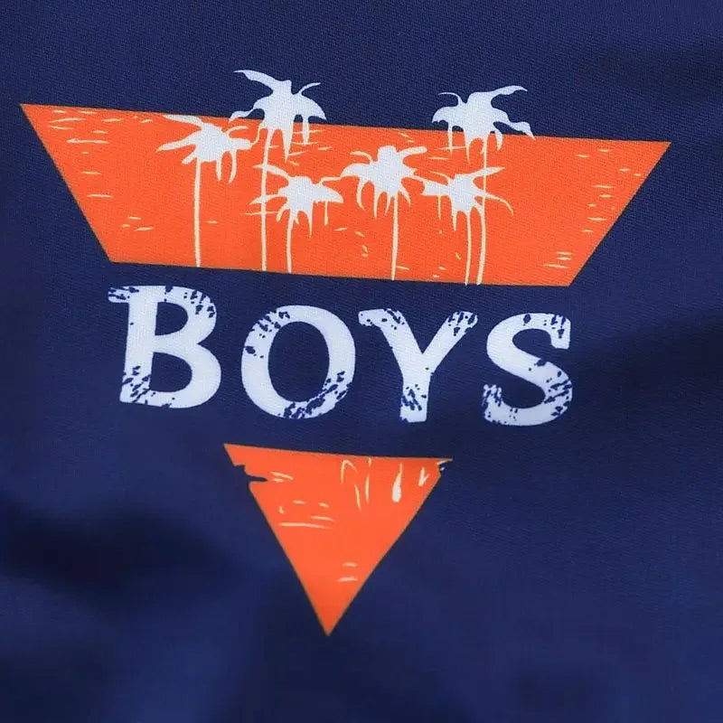 Navy blue shirt with orange and white graphic design featuring the word 'BOYS'.