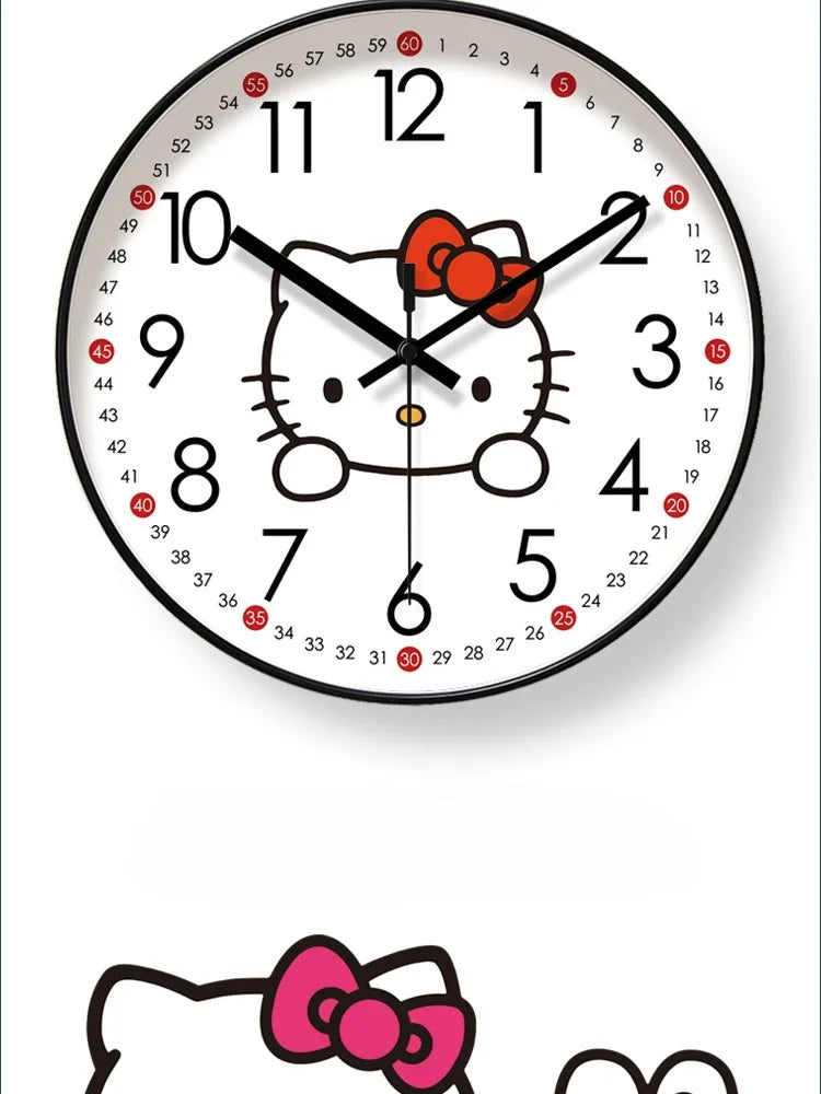 Hello Kitty-themed wall clock with a red bow on a white background