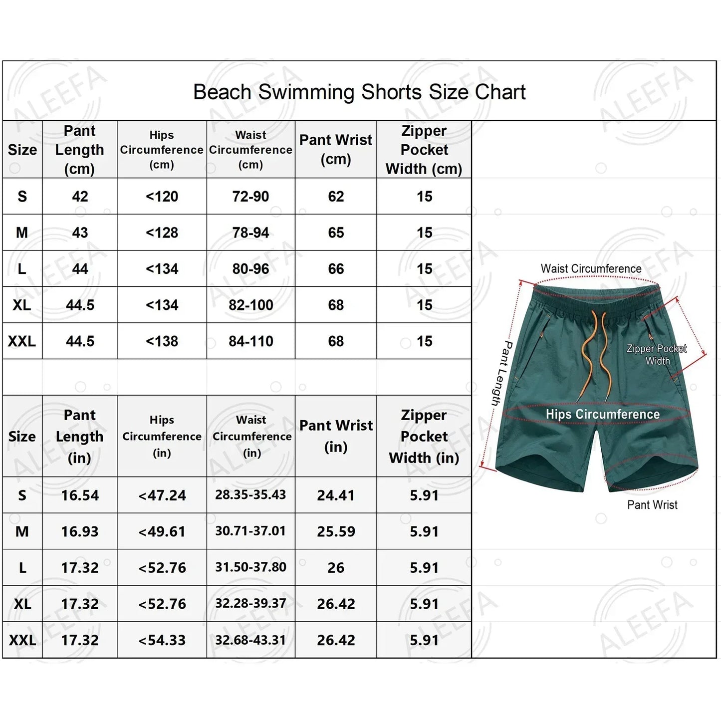Beach swimming shorts size chart with measurements and a green shorts illustration.