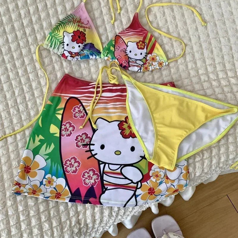 Colorful children's swimsuit with cartoon character on a textured surface