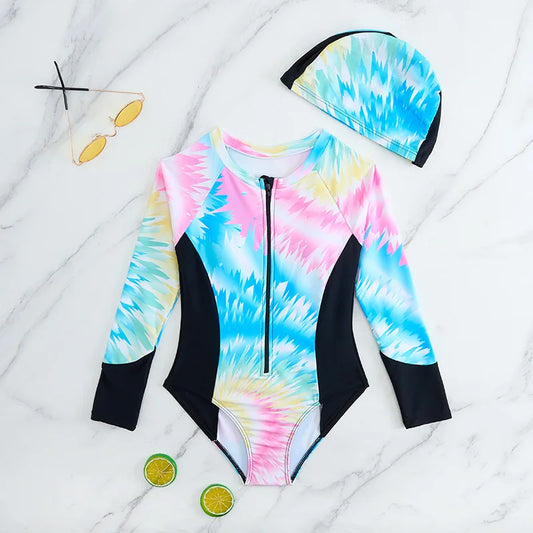 Tie-dye swimsuit with a hood on a marble surface