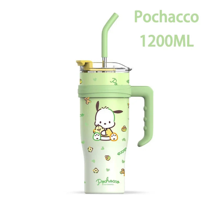 Green tumbler with cartoon character and straw on a white background