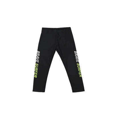 Black leggings with 'Brave Surfer' text on a white background