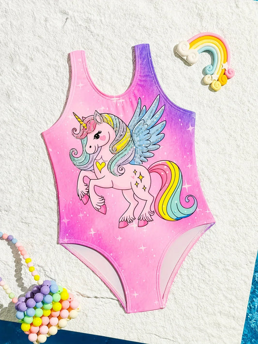Pink unicorn swimsuit with rainbow tail on a textured white background